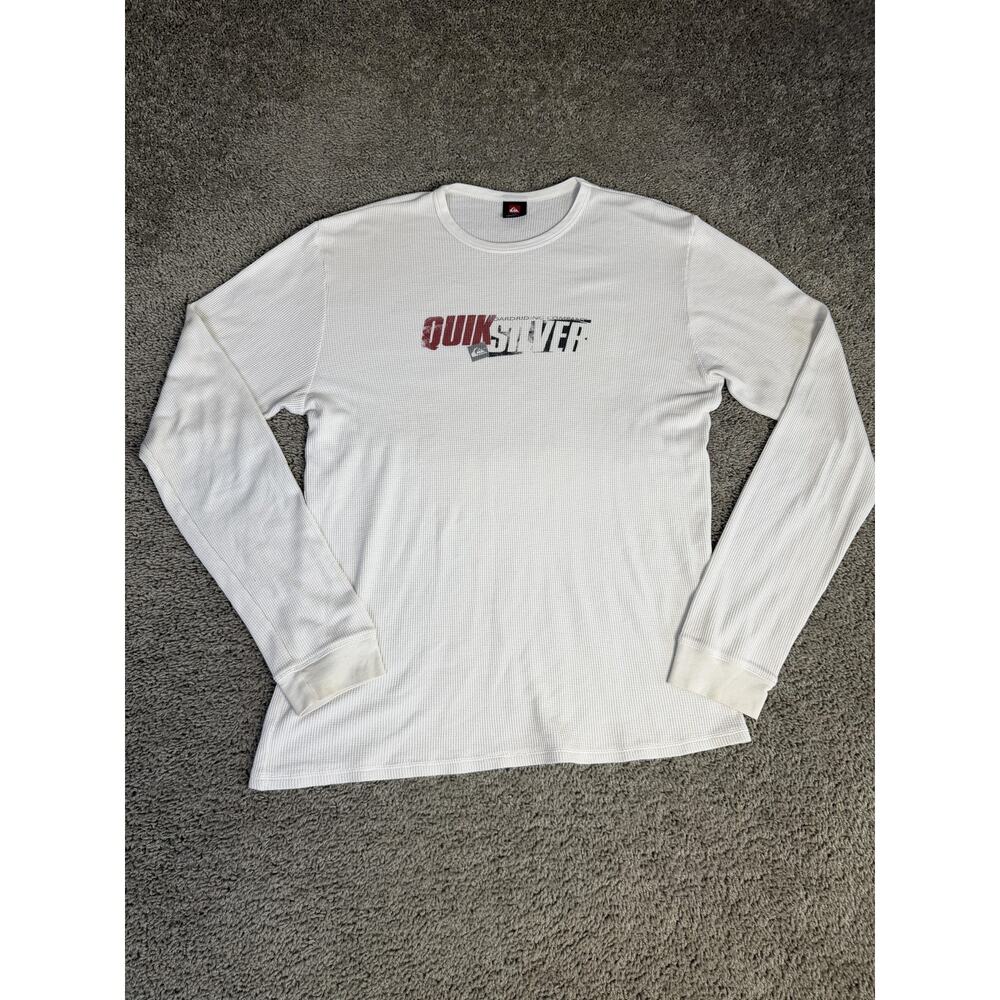 Vintage Quiksilver Shirt Mens 2XL White Thermal Waffle Spell Out Crew Neck